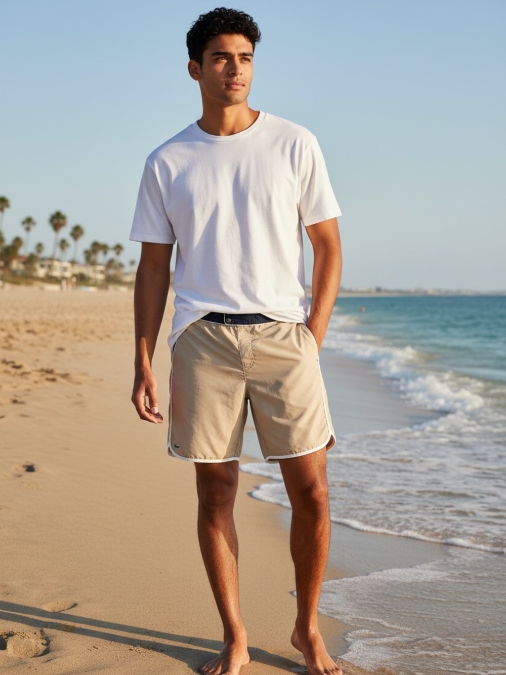 LACOSTE Men's Swim Trunks Board Unlined Shorts Size 5/Lg Khaki Blue 10" Inseam